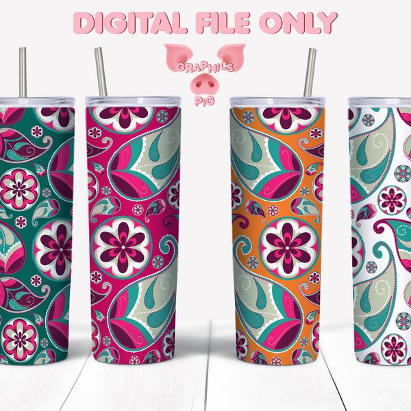 Paisley Set 01 Seamless Sublimation Design for 20oz Skinny Straight Tumblers set of 4 Colors PNG & PDF