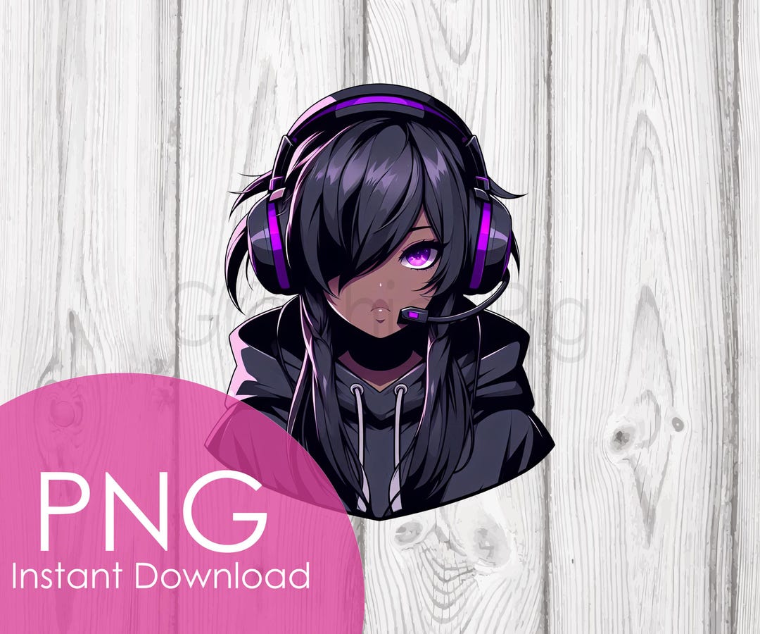Gamer Girl PNG – Cute Anime Headset Girl Clipart, Purple Eyes Digital ...