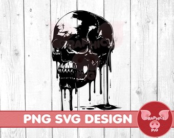 Könnte beinhalten: Schwarz-weiße digitale Illustration eines Schädels, der mit schwarzer Flüssigkeit tropft. Der Schädel befindet sich in der Mitte des Bildes vor einem weißen Holzmaserungshintergrund. Der Text "PNG SVG DESIGN" befindet sich am unteren Rand des Bildes.