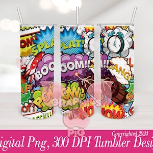 May include: Three white tumblers with a colorful comic book design featuring words like "BOOM!" and "SPLAT!" The design is a mix of red, yellow, blue, green, purple, and black.