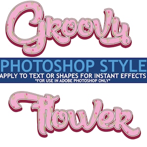 Può includere: Stile Photoshop con un motivo floreale rosa. Il testo "Groovy" e "Flower" sono in un carattere in grassetto e corsivo.