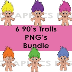 Bundle PNG troll des années 90 – 6 mignons fichiers clipart troll rétro, graphiques troll cheveux arc-en-ciel pour sublimation, autocollants, travaux manuels et imprimables