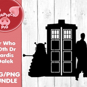 May include: Black silhouette of the TARDIS, the Doctor, and a Dalek from the Doctor Who television series. The TARDIS is a blue police box with a door and windows. The Doctor is a tall, thin figure with a long coat. The Dalek is a round, robotic creature with a gun.