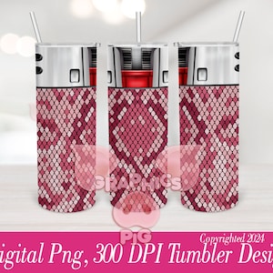 May include: Three stainless steel tumblers with a pink and red snakeskin pattern. Each tumbler has a silver lid and a straw. The text "Digital Png, 300 DPI Tumbler Design" is at the bottom.