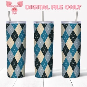 May include: Three stainless steel tumblers with a blue, gray, and cream argyle pattern.  The tumblers are on a white wooden surface.