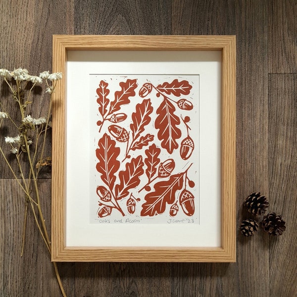 OAKS AND ACORNS | linocut print | Autumnal aesthetic | 8x10 wall decor