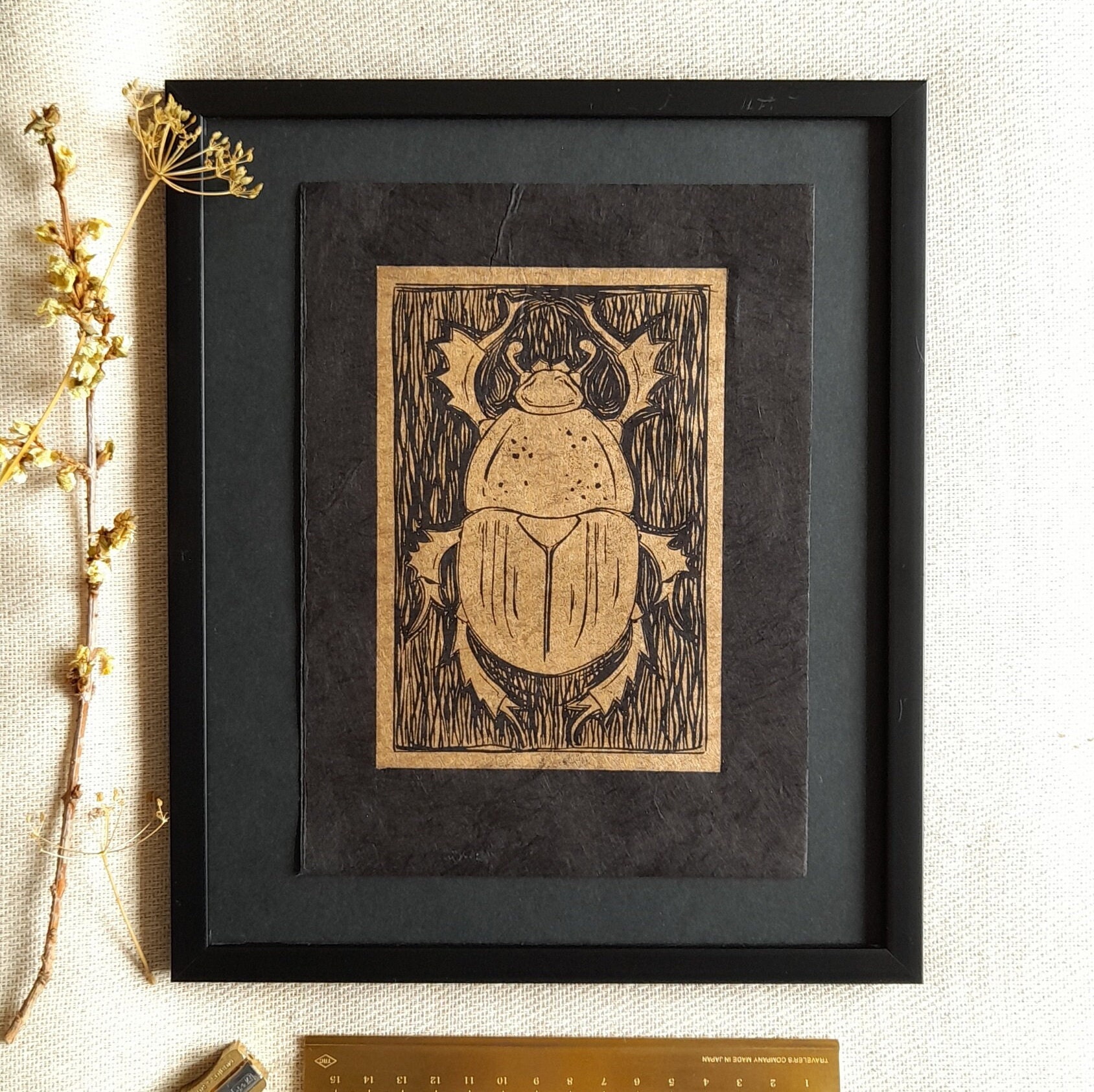 Insect Linocut GOLDEN SCARAB Beetle/original Linocut Print/insect Art/egyptian Scarab ...