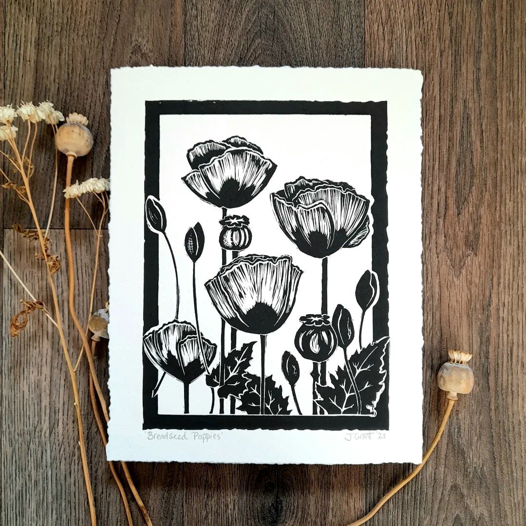 Wild Poppies original lino block print, nature art, 8x10 inches, summer birthday gift