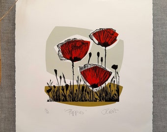 POPPIES/linocut print/poppy flowers/botanical art/handmade original