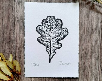 LEAF linoprint/single oak leaf/original linocut/mini prints/autumn/postcard
