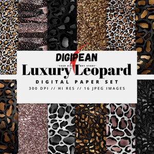 Könnte beinhalten: Ein digitales Papierset mit 16 hochauflösenden Leopardenmustern in Gold, Schwarz und Rosa. Die Muster sind perfekt für Bastel-, Scrapbooking- und digitale Designprojekte. Der Text "DIGIPEAN" und "Luxury Leopard" ist auf dem Bild zu sehen.