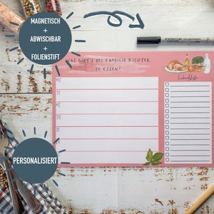 Menüplaner magnetisch, abwischbar, mit Folienstift | Essensplan + Einkaufsliste | Speiseplan abwischbar | Wochenplaner Familie Kühlschrank