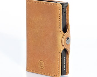 Bank card holder in vintage-finish calfskin leather - minimalist compact wallet - with contactless RFID anti-piracy protection