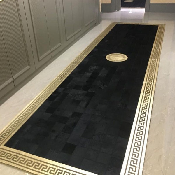 Black and Gold Cowhide Leather Runner Rug for Corridor, Black and Gold Hallway Rug, Kitchen Rug Runner, Non Slip Geometric Rug, Stair Rug
