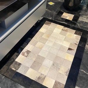 Cowhide Patchwork Rug for Bathroom, Leather Carpet, Cowhide Rug, Bathroom Mat, Handmade Black Cowhide Rug, Cream Real Cowhide Patchwork Rug