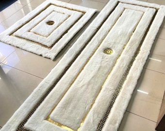 Geometric Plush Area Corridor Rug,  Faux Leather Runner Rug Large, White and Gold Fluffy Rug, White Plush Rug, Shaggy Rug, Luxury Soft Rug