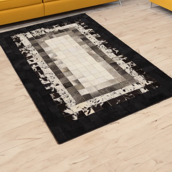 Tapis en cuir de vache véritable de haute qualité, tapis carré de sol en peau de vache géométrique blanc noir 5x7, cheveux sur peau, tapis de grande surface, tapis patchwork