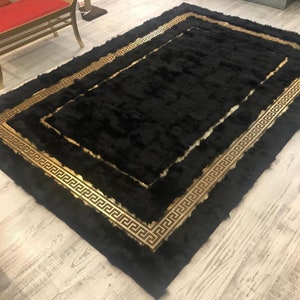Sheepskin Fur Wool Soft Fluffy Black Gold Area Rug, Black Gold Living Room Rug, 2x3 Floor Rug, 9x12 Rug Home Office, Shaggy Organic Rug,
