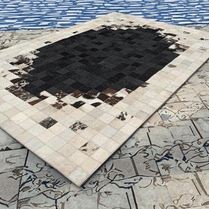 High Quality Genuine Cowhide Leather Rug, Cowhide Floor Square 6x8 Rug, Hair on Hide Large Area Rug, Black Geometric Patchwork Carpet