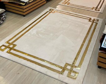 Geometric Plush Area Rug,  Faux Leather Rug, Living Room Rug Large, White and Gold Fluffy Rug, White Plush Rug, Shaggy Rug, Luxury Soft Rug