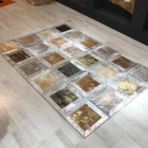 Handmade Leather Rug, Living Room Rug, Geometric Rug, Silver Rug, Oversize Rug, Kitchen Rug, Office Rug, Unique Rug, 5x8 Rug, Room Rug