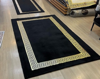 Luxury Black Gold Plush Area Rug,  Faux Leather Living Room Rug Large, Black and Gold Fluffy Rug, Black Plush Rug, Shaggy Luxury Soft Rug