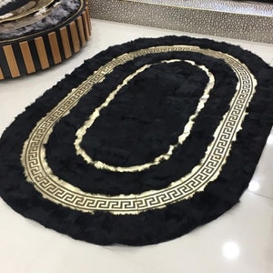 Luxury Black Gold Oval SheepSkin Area Rug 6 X 8, Natural Sheepskin Oval Rug Bedroom, Soft Shaggy Black Oval Rug for Living Room, Oval Rug