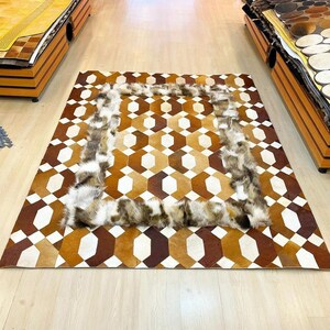 Geometric Genuine Brown Cowhide and Fur Rug, Throw Rugs Floor Carpet, Leather Rug, Outdoor Front Door Decorative Mat, Bohemian Area Rug