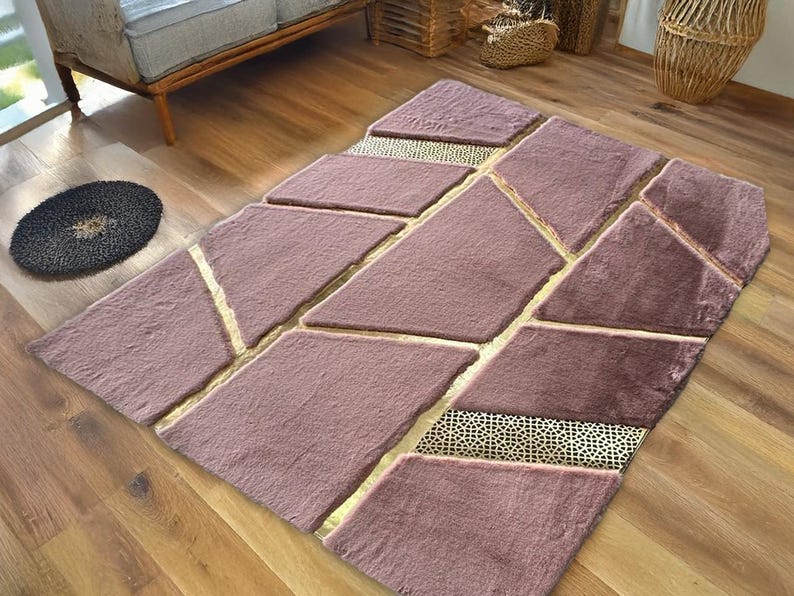 Elegant Luxurious Pink Gold Large Faux Fur Area Hallway Rug, Runner