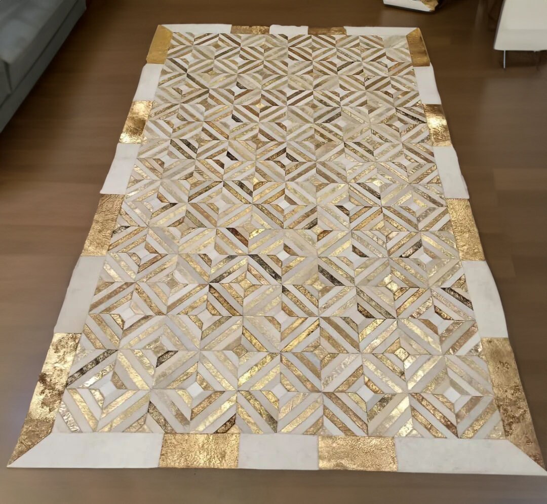 Luxury White Gold Large Cowhide Area Rug 6 X 8, Geometric Leather Rug ...