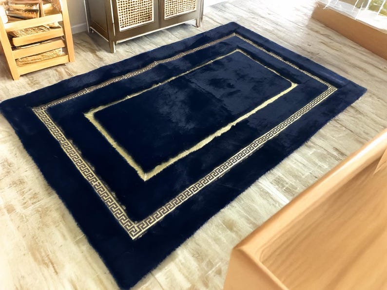 Custom Geometric Navy Blue Gold Plush Area Faux Fur Rug, Living Room