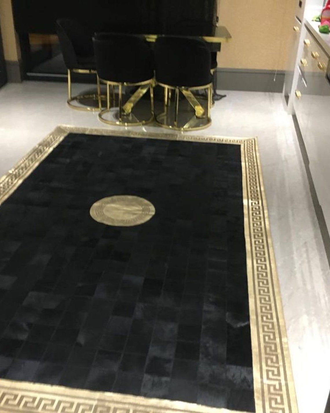 Black and Gold Cowhide Leather Runner Rug for Corridor, Black and Gold