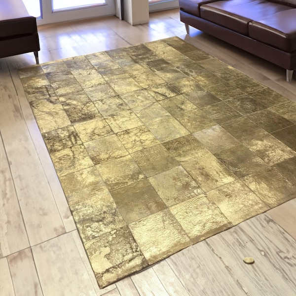 Gold Leather Luxury Living Room Cowhide Rug, Gold Cowhide Floor Carpet, Gold Office Rug, Outdoor Front Door Decorative Mat, 8x10 Area Rug