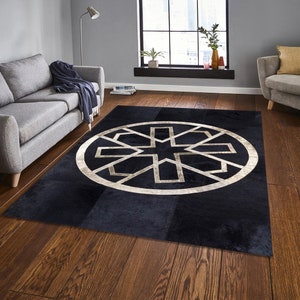 Black Gold Genuine Cowhide Geometric Patchwork Rug, Cowhide Floor Square Bedroom Rug, Hair on Hide Large Area Rug, Black Gold Natural Rug