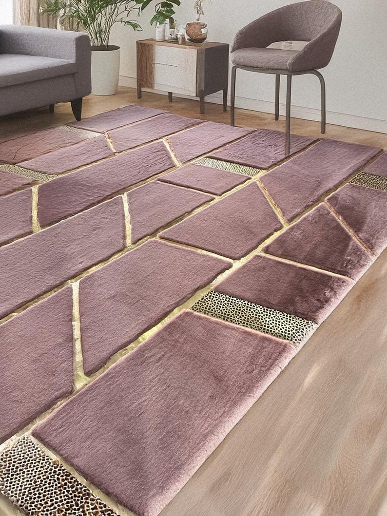 Elegant Luxurious Pink Gold Large Faux Fur Area Hallway Rug, Runner