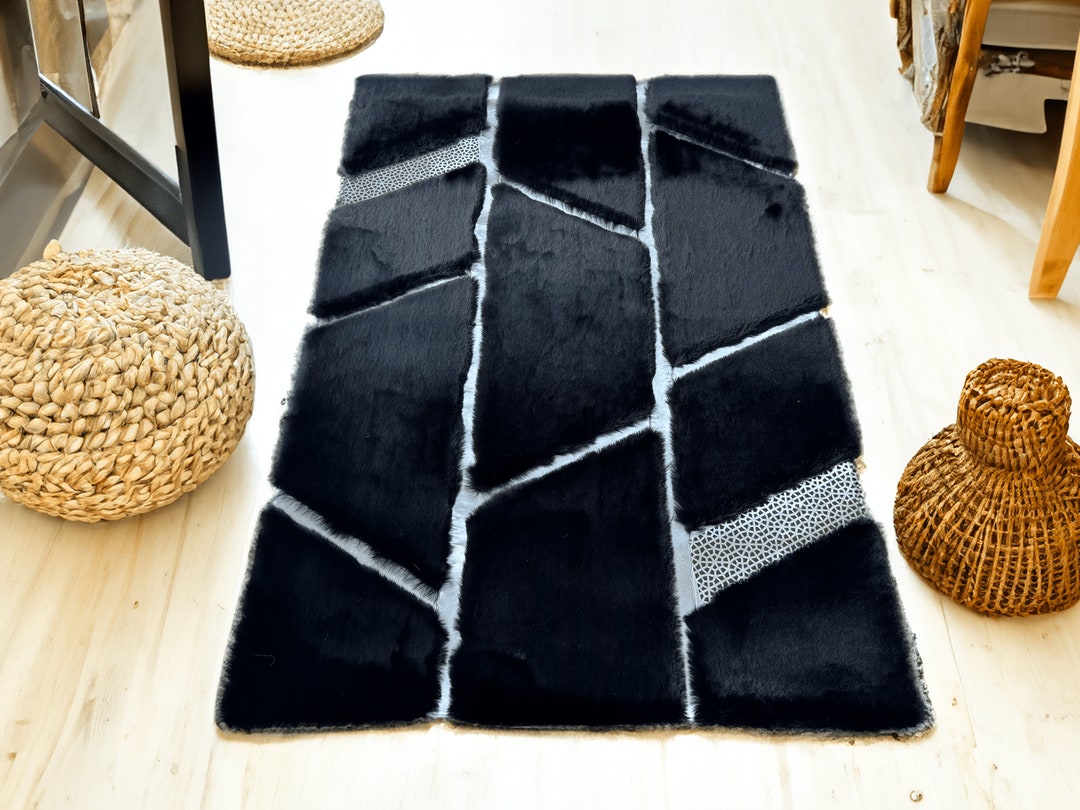 Black Silver Geometric Plush Furry Rug, Faux Fur Area Living Room ...