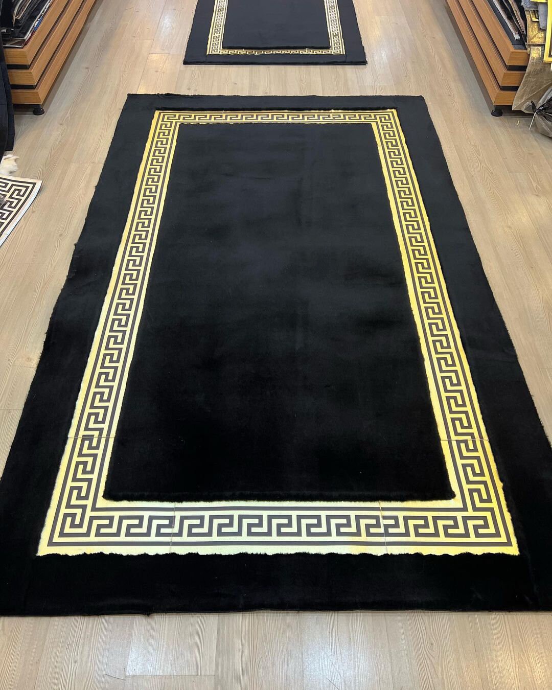 Luxury Black Gold Plush Area Rug, Faux Leather Living Room Rug Large