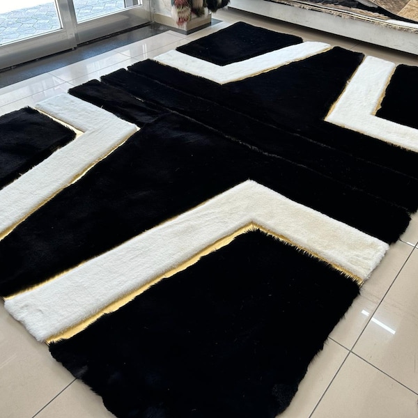 Black Gold Geometric Plush Area Faux Fur Soft Rug, Living Room Fluffy Plush Black Shaggy 8x10 Home Decor Rug, Elegant Luxury Soft 5x8 Rug
