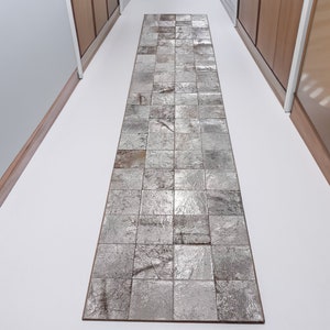 Silver Cowhide Leather Runner Rug for Corridor, Silver Hallway 2&#39; X 6&#39; Rug, Kitchen Rug Runner, Non Slip Luxury Geometric Rug, Stair Rug