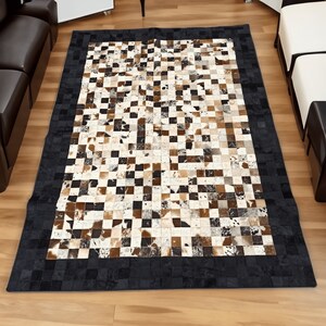 Patchwork Genuine Black Brown Cowhide Rug, Square Modern Area Rug, Geometric 8x10 Office Rug, Black Leather Rug, Bedroom Rug 4x7, Floor Rug