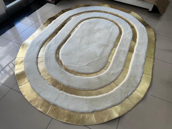 Oval Plush White Gold Geometric Luxury Rug, Faux Fur Oval Rug Large, White Gold Fluffy Rug, Modern Plush Fluffy Rug, Shaggy Soft Unique Rug