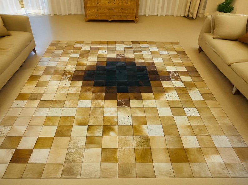 Brown Southwestern Geometric Cowhide Patchwork 8x10 Rug, Square Accent