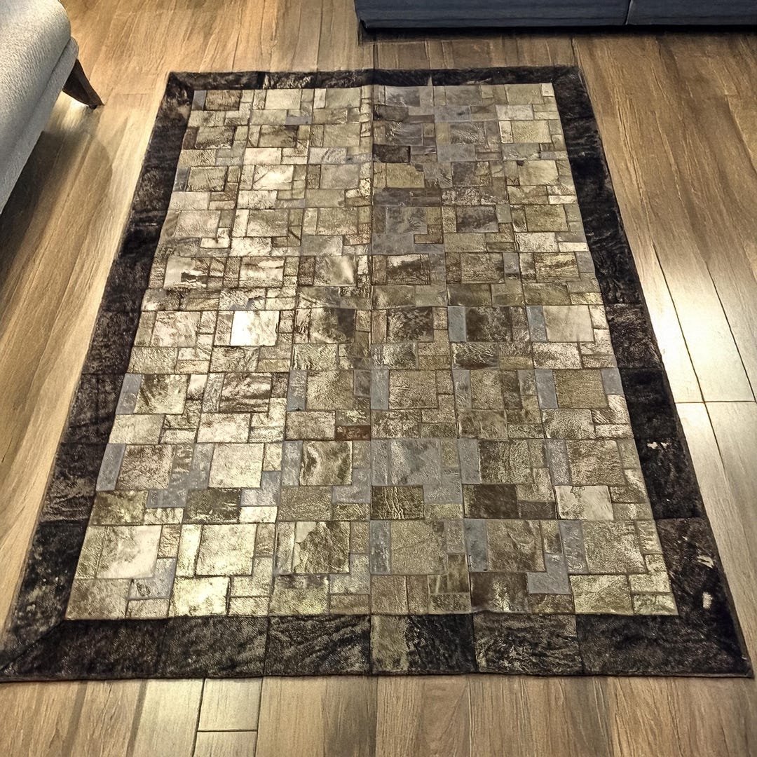 Luxury Gold Large Cowhide Area Rug 6 X 8, Geometric Leather Rug for ...