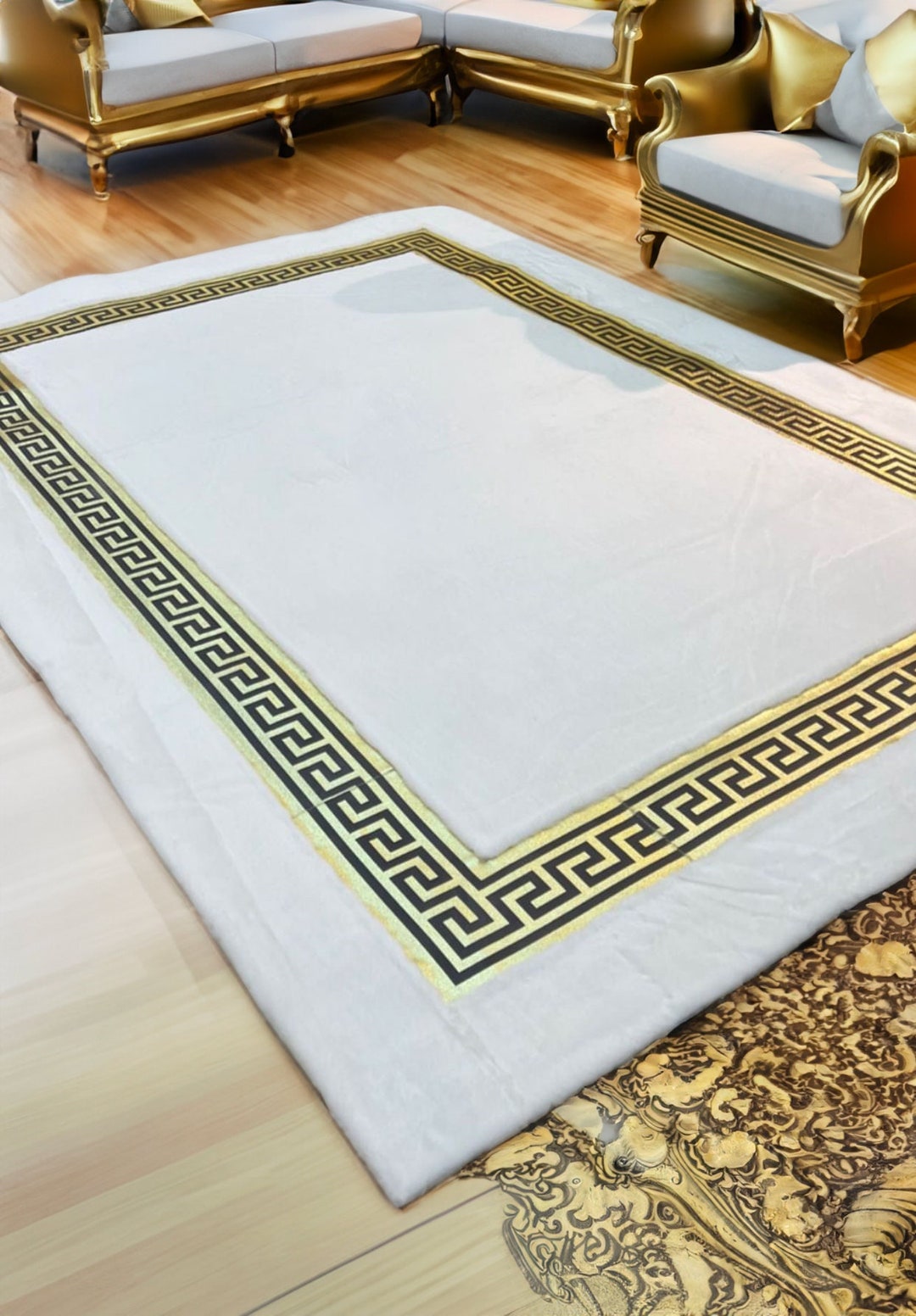 Luxury White Gold Plush Area Faux Leather Rug, White Living Room Rug ...