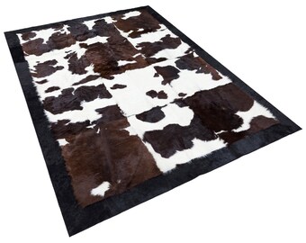 Tricolor Cowhide Leather Living Room Rug, Brown Handmade 100% Natural Cowhide Rug, Patchwork Cowhide Area Rug, Square Organic Unique Rug