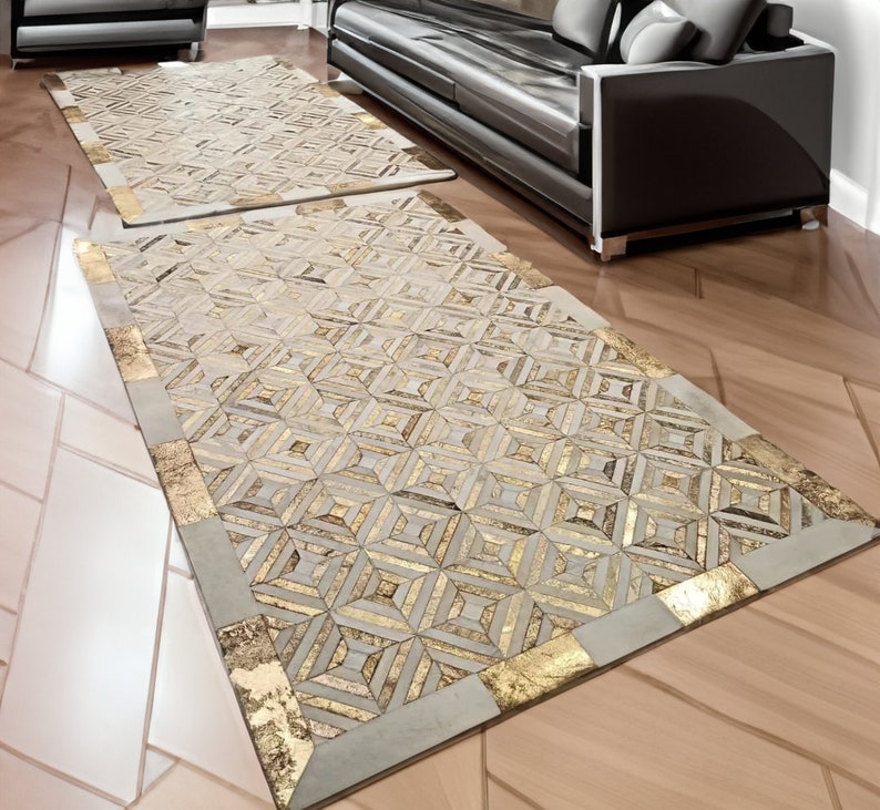 Luxury White Gold Large Cowhide Area Rug 6 X 8, Geometric Leather Rug ...