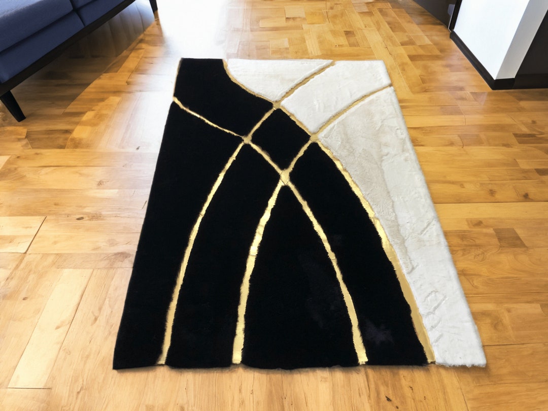 Luxury Black White Gold Plush Area Rug, Faux Leather 5x8 Living Room