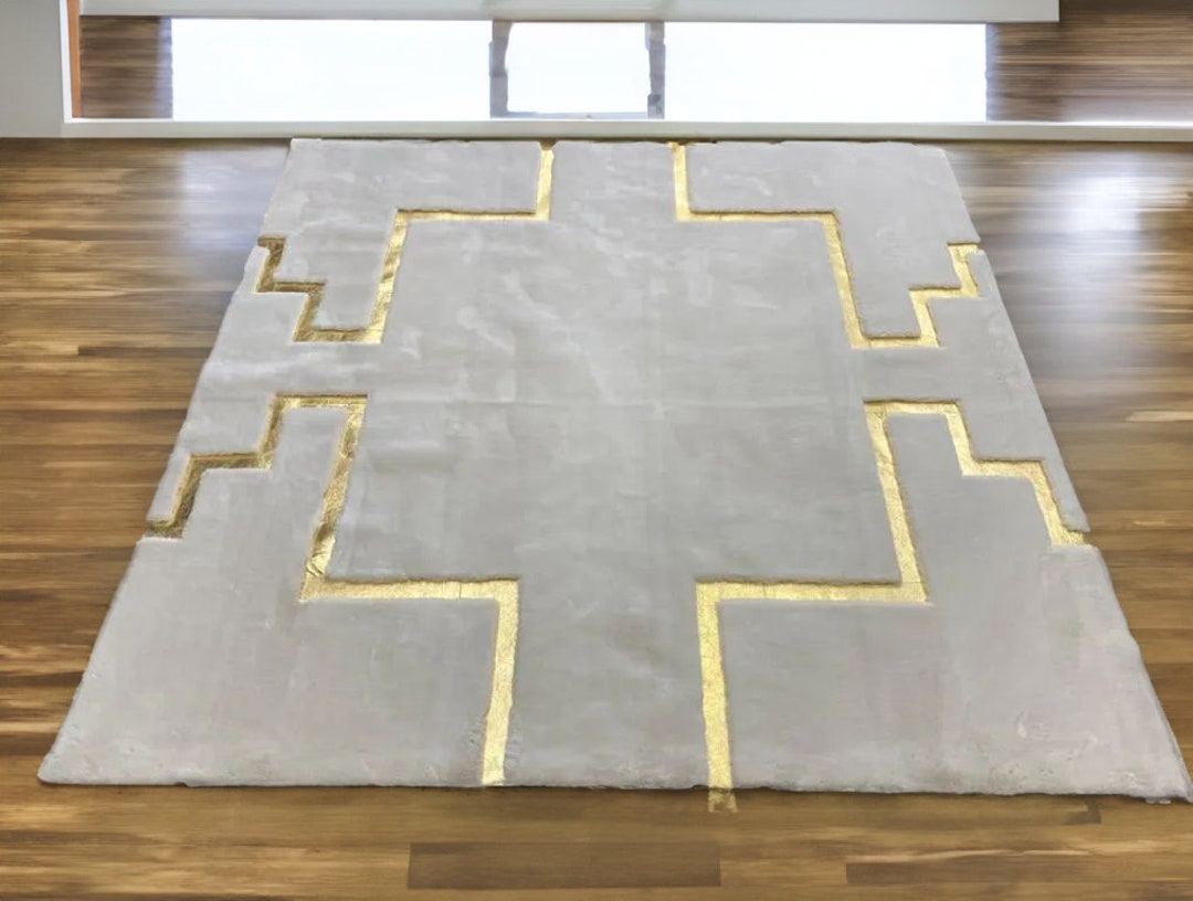 Geometric Plush Area Rug, Faux Leather Living Room Rug Large, White and ...