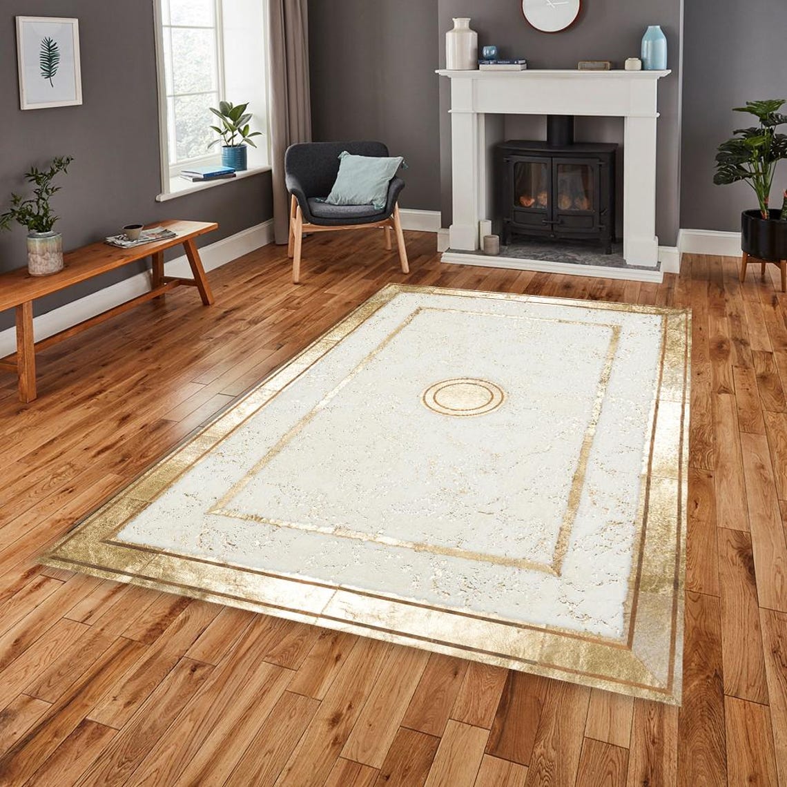 Custom High Quality Geometric Plush Area White Gold Rug, Faux Fur ...
