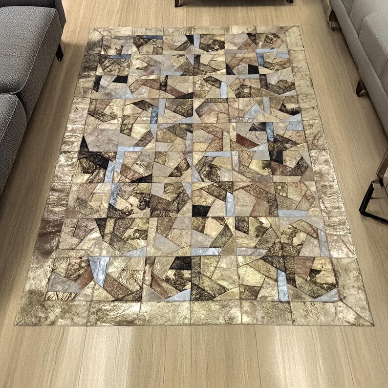 Geometric Luxury Gold Large Cowhide Area Rug 6 X 8, Custom Leather Rug